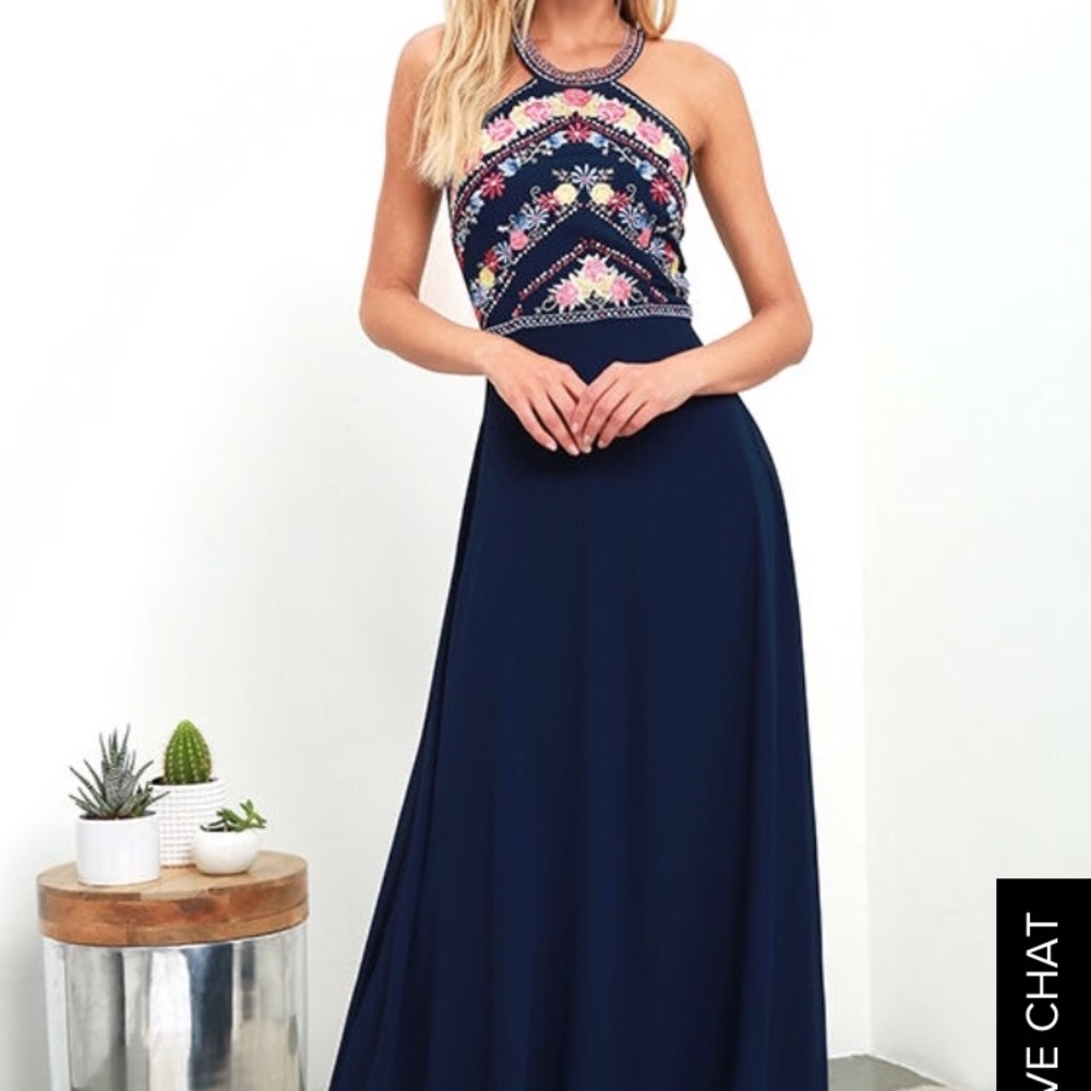NWT Lulu’s Navy Blue Embroidered Maxi Dress